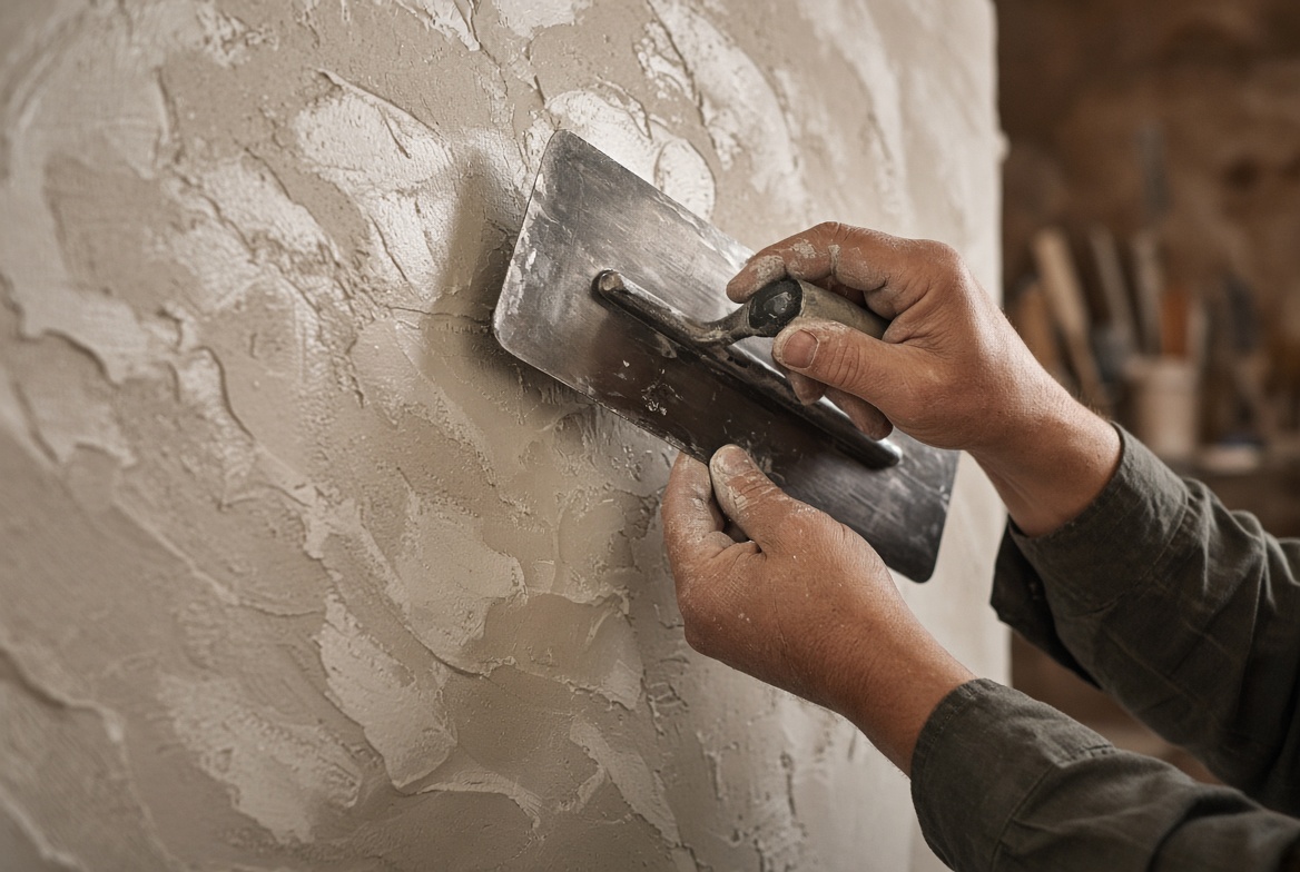 Craftsman applying decorative plaster with a steel trowel
