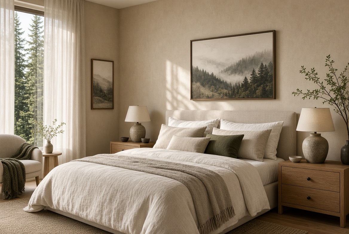 Bedroom with soft beige limewash walls