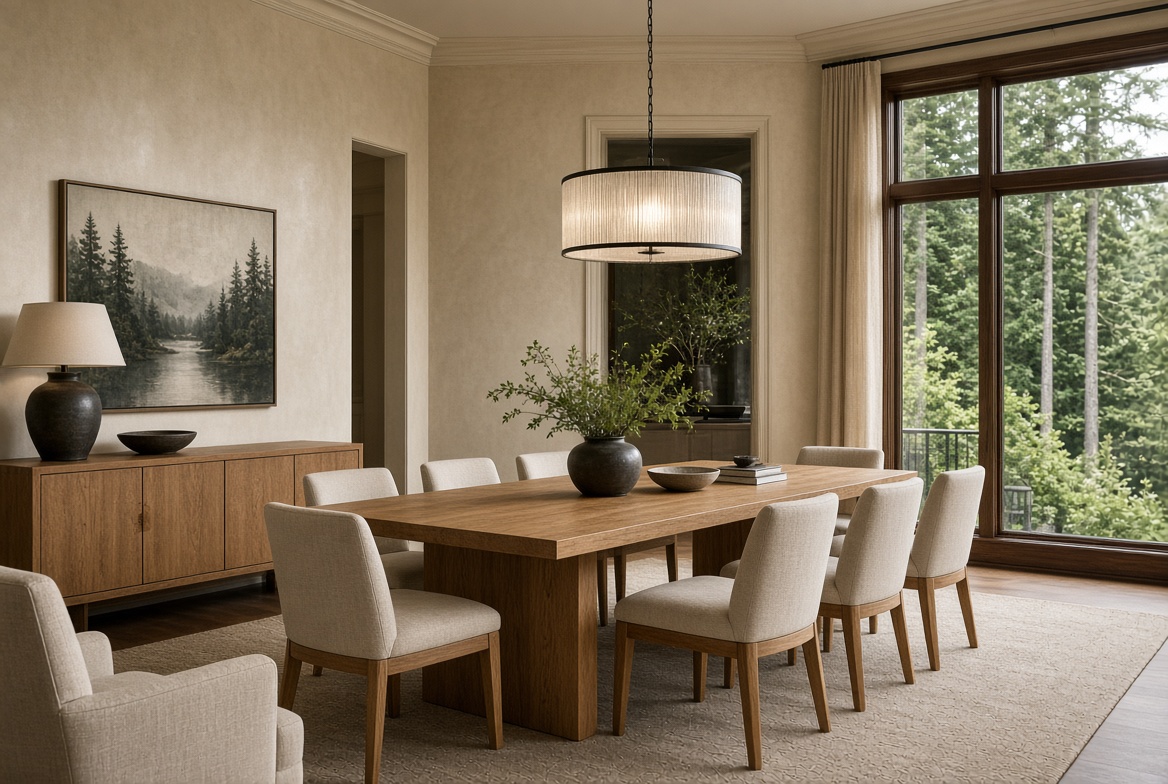 Dining room with cream plaster walls