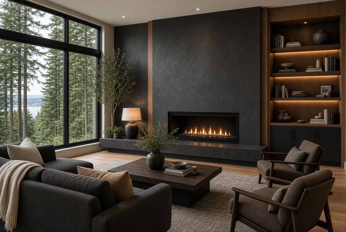 Luxury charcoal mineral plaster feature wall and fireplace in a Greater Seattle home