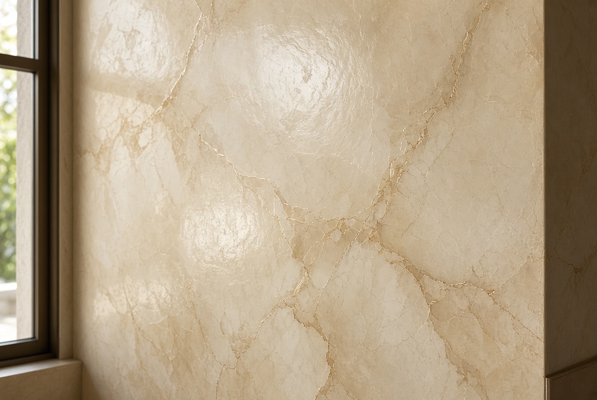 Close-up of polished Venetian plaster with soft marble veining
